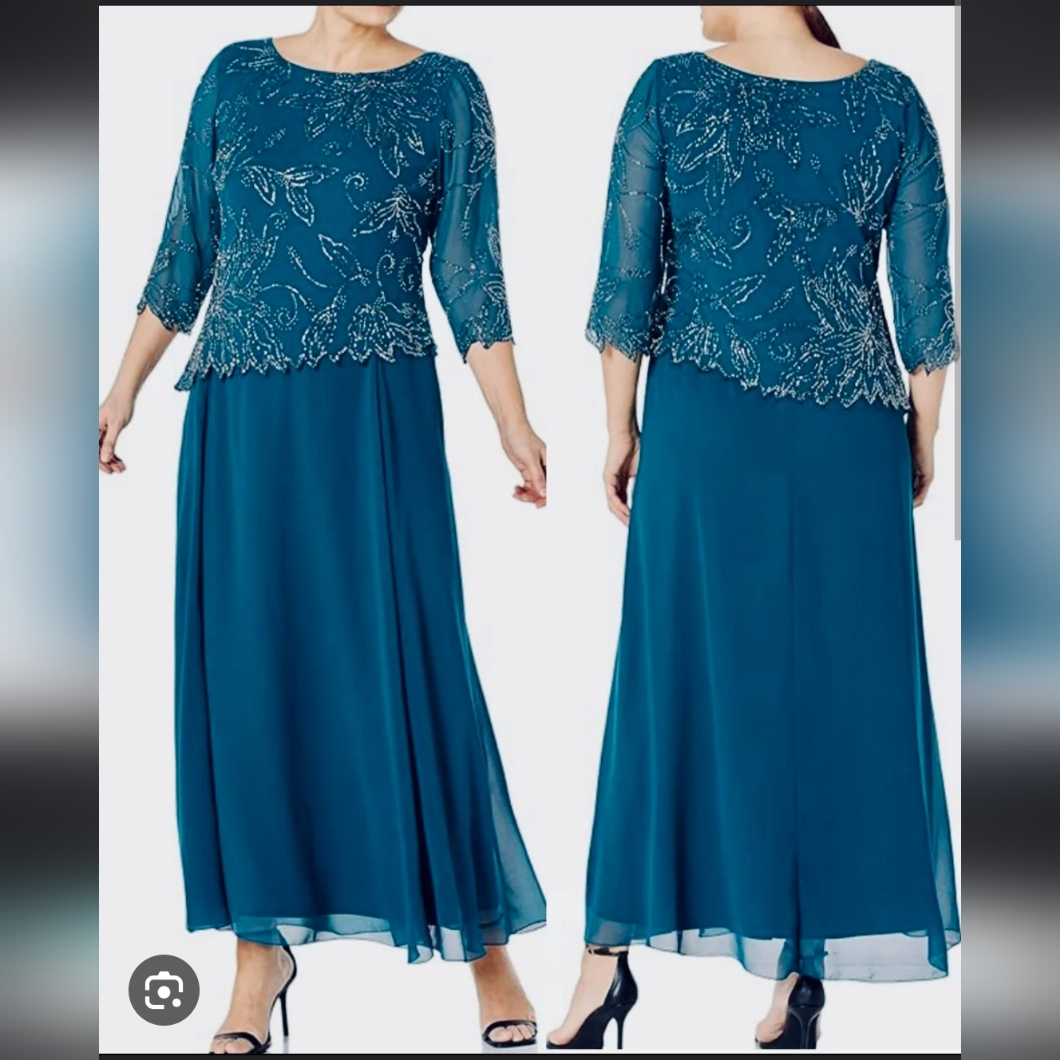 Jkara Women Blue Beaded 3/4 Sleeve Evening Gown Size 8
